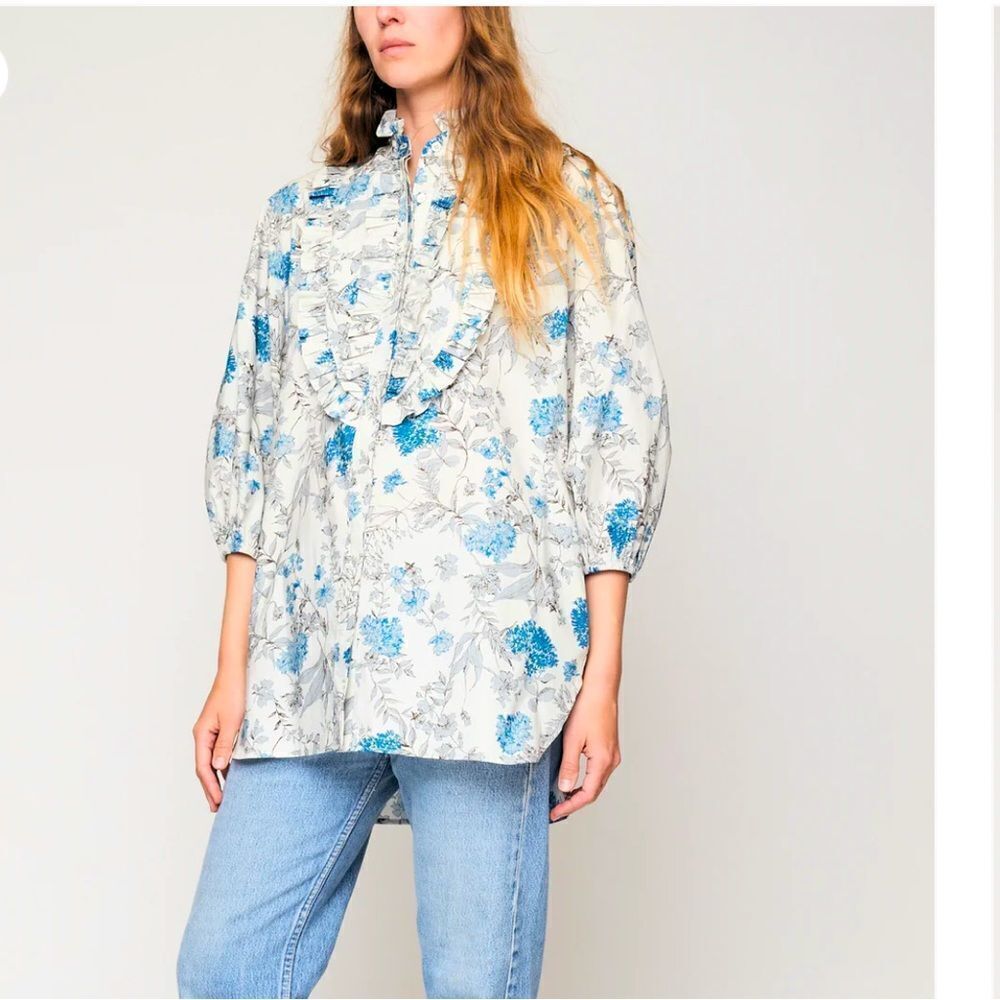 SECULAR LAB  Liberty Print Floral Print White Blue Button Mock Neck Tunic Sz XS